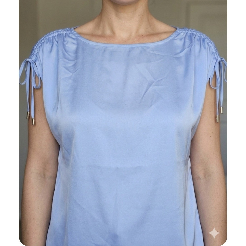 Nine West Womens Blouse Size XL Cap Tie Sleeve Two Tone Blue Silky Top Shirt